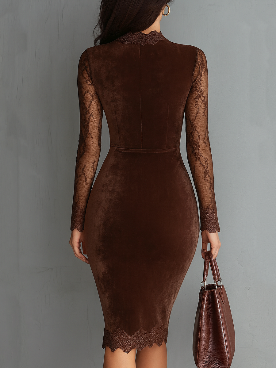 Vestido Mini de Terciopelo con Cuello de Llave Vintage y Mangas de Encaje