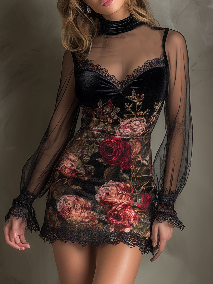 Rosa · Vestido mini floral con detalles transparentes