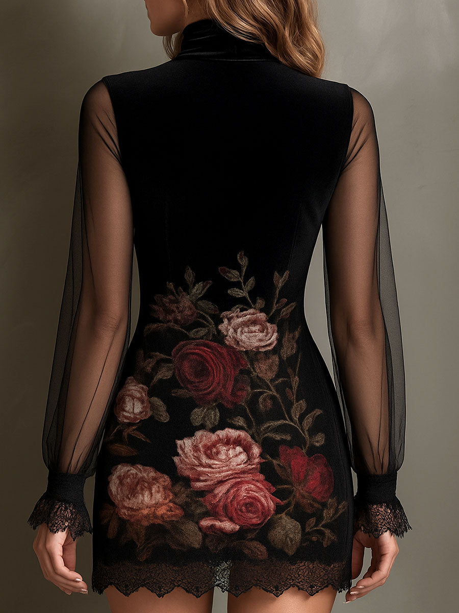 Rosa · Vestido mini floral con detalles transparentes
