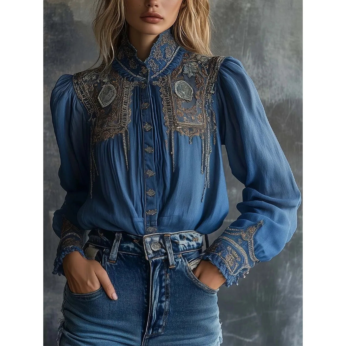 Renata · Blusa bordada floral con cuello alto