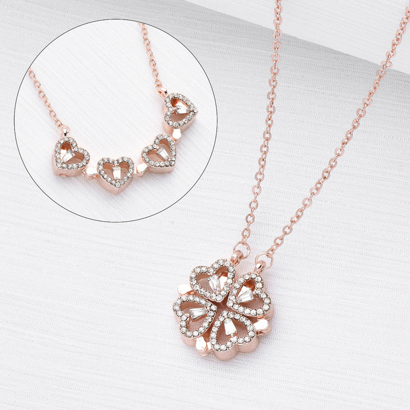 Collar de trébol de cuatro hojas con forma de corazón plegable magnético