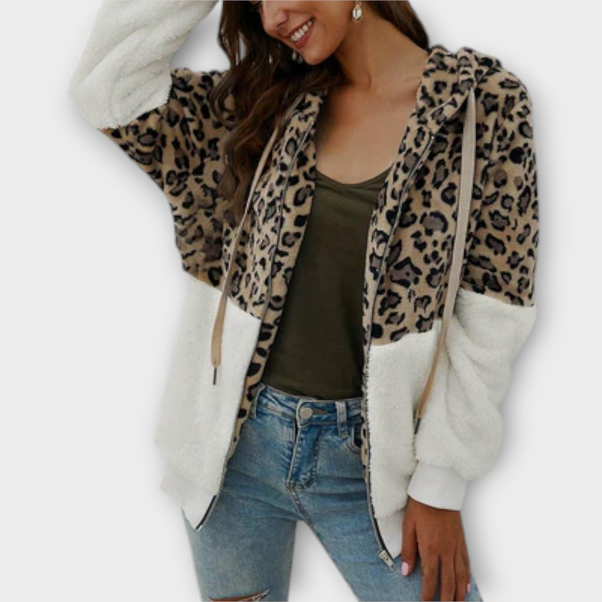 Lea - Sudadera de forro polar con capucha en diseño de leopardo