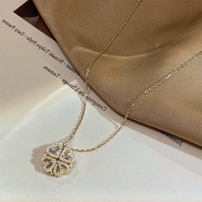Collar de trébol de cuatro hojas con forma de corazón plegable magnético