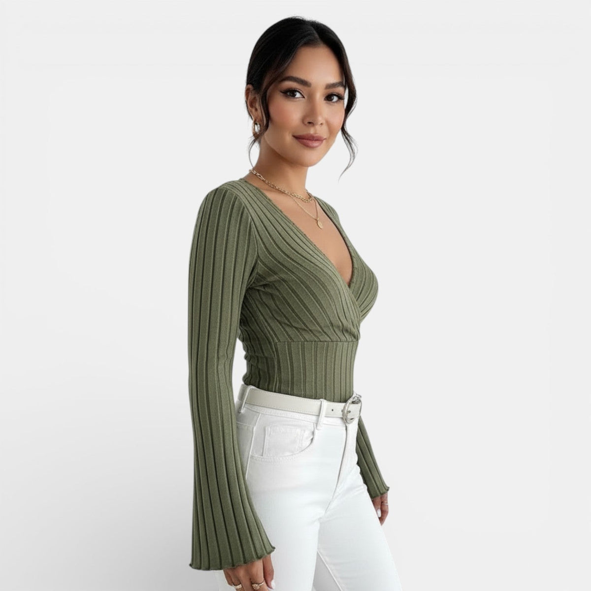 Camiseta Mujer Canalé Escote V Manga Larga