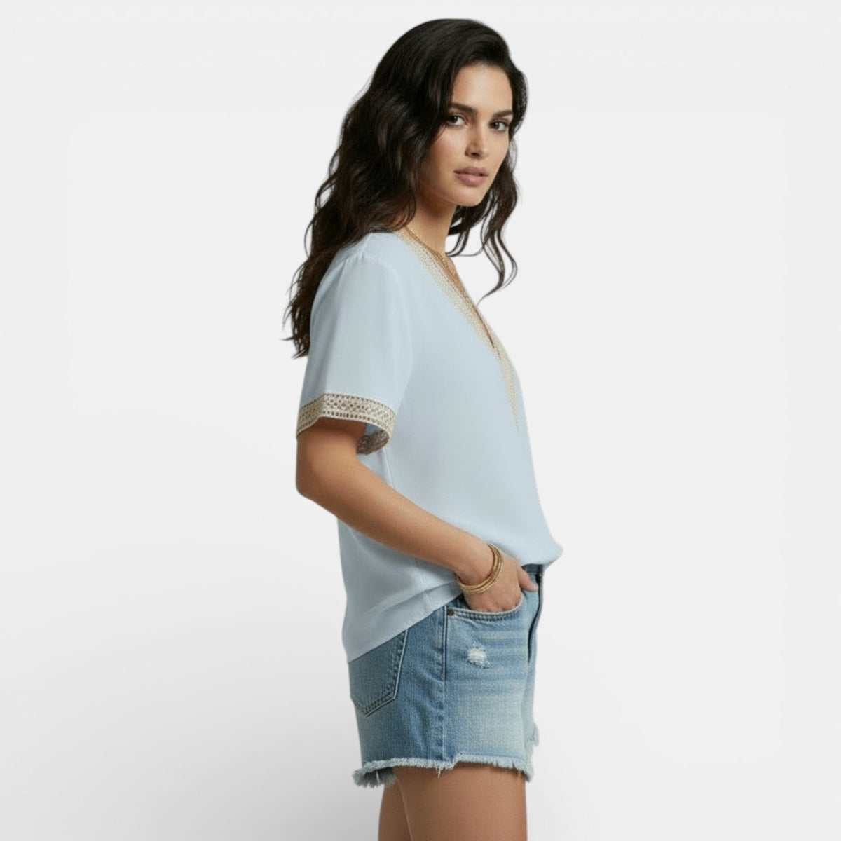 Camiseta Lencera Mujer Encaje Escote V Elegante Primavera