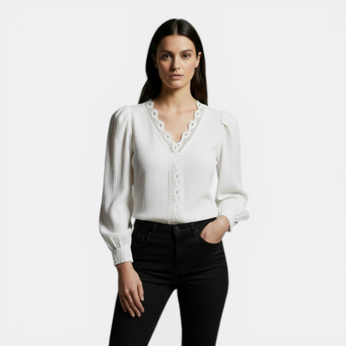 Blusa Mujer Encaje Manga Larga Escote en V